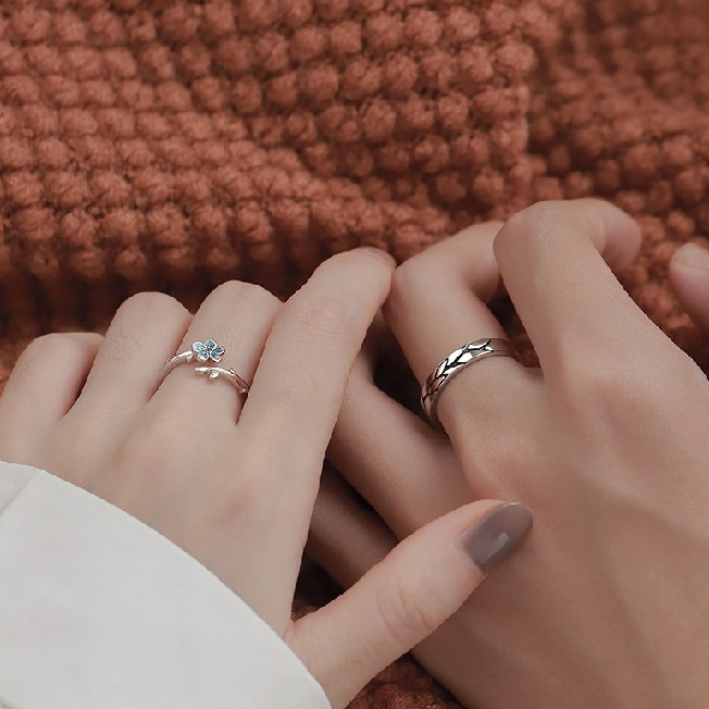 S925 Bạc Đừng Quên Tôi Hoa Cặp Đôi Nhẫn Mở Có Thể Điều Chỉnh Nam Nữ Nhẫn Cặp Đôi