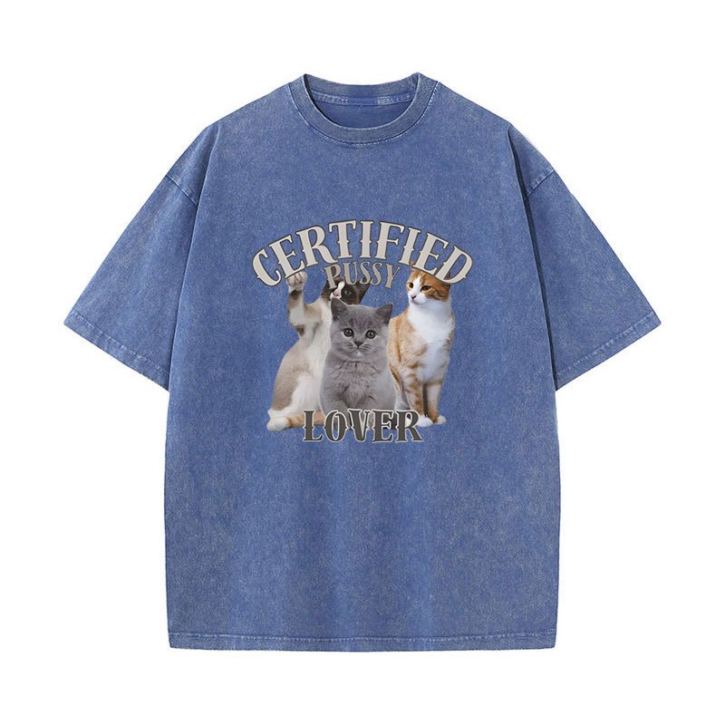 Được Chứng Nhận Pussy Lover Mèo Vui Meme Áo Nam Nữ Thời Trang Vintage Giặt Áo Thun Tay Ngắn Cotton Quá Khổ Áo Thun Dạo Phố