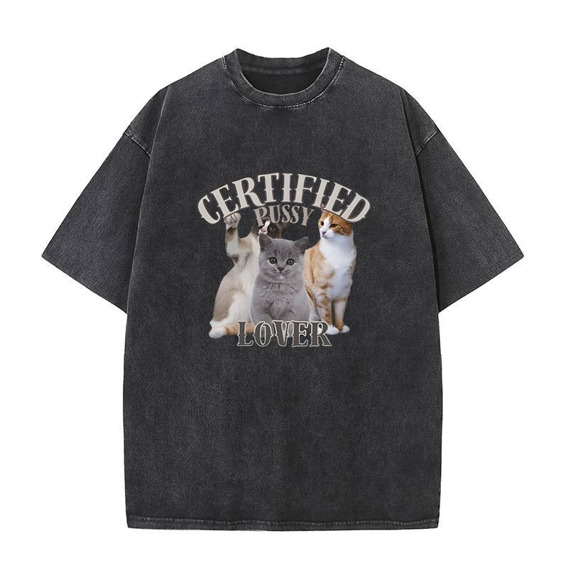 Được Chứng Nhận Pussy Lover Mèo Vui Meme Áo Nam Nữ Thời Trang Vintage Giặt Áo Thun Tay Ngắn Cotton Quá Khổ Áo Thun Dạo Phố