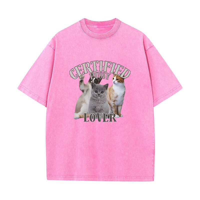 Được Chứng Nhận Pussy Lover Mèo Vui Meme Áo Nam Nữ Thời Trang Vintage Giặt Áo Thun Tay Ngắn Cotton Quá Khổ Áo Thun Dạo Phố