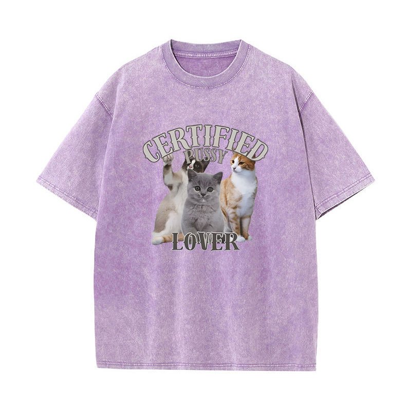 Được Chứng Nhận Pussy Lover Mèo Vui Meme Áo Nam Nữ Thời Trang Vintage Giặt Áo Thun Tay Ngắn Cotton Quá Khổ Áo Thun Dạo Phố