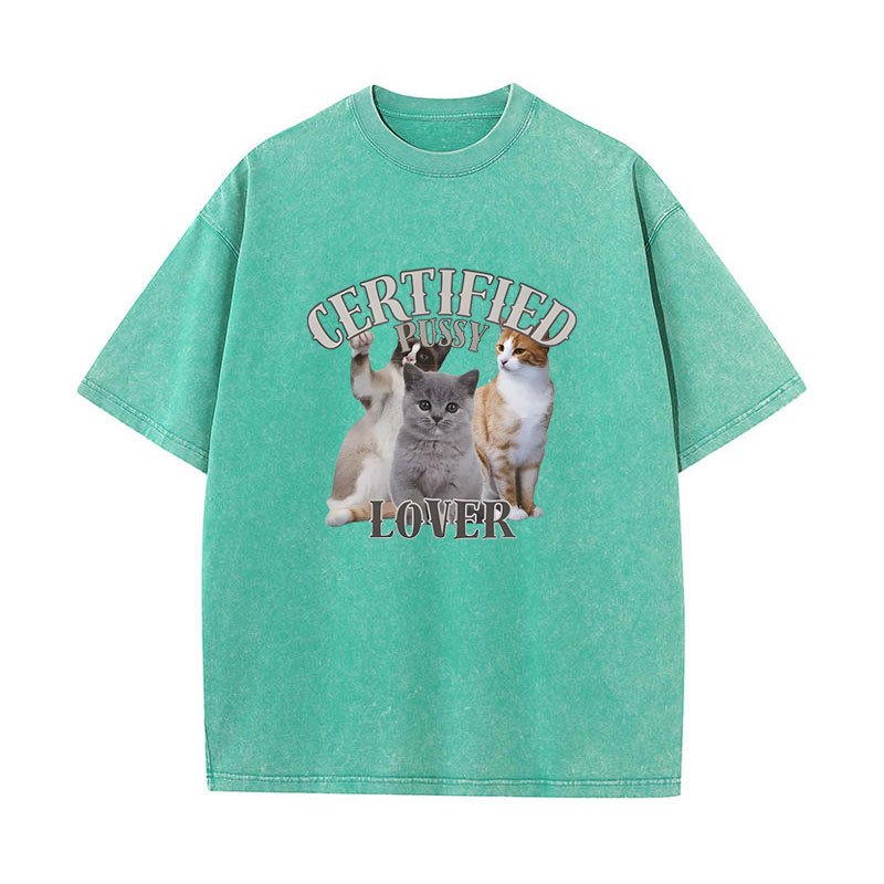 Được Chứng Nhận Pussy Lover Mèo Vui Meme Áo Nam Nữ Thời Trang Vintage Giặt Áo Thun Tay Ngắn Cotton Quá Khổ Áo Thun Dạo Phố