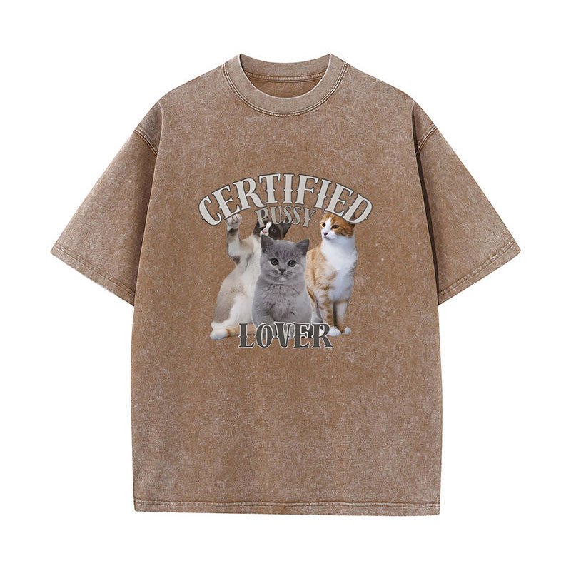 Được Chứng Nhận Pussy Lover Mèo Vui Meme Áo Nam Nữ Thời Trang Vintage Giặt Áo Thun Tay Ngắn Cotton Quá Khổ Áo Thun Dạo Phố