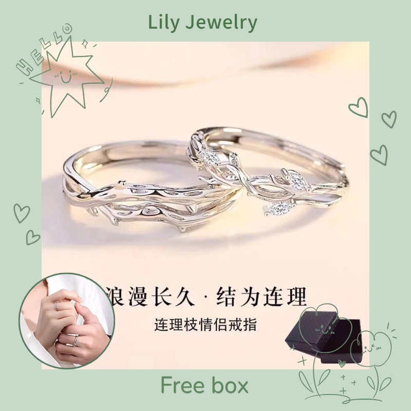 Đơn Giản S925 Bạc Gai Hoa Với Twig Cặp Đôi Nhẫn Mở Có Thể Điều Chỉnh Thời Trang Nam Nữ Nhẫn Đôi