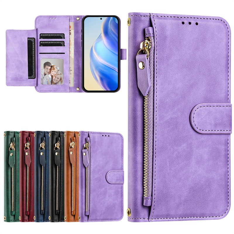 Ốp Lật Cho Samsung Galaxy M14 M15 F15 M22 F22 M32 M33 M34 F34 M35 M52 M53 M54 F54 M55 C55 M62 F62 4G 5G Ví Da Mờ Bao Khe Cắm Thẻ Túi Đựng Dây Kéo Vỏ