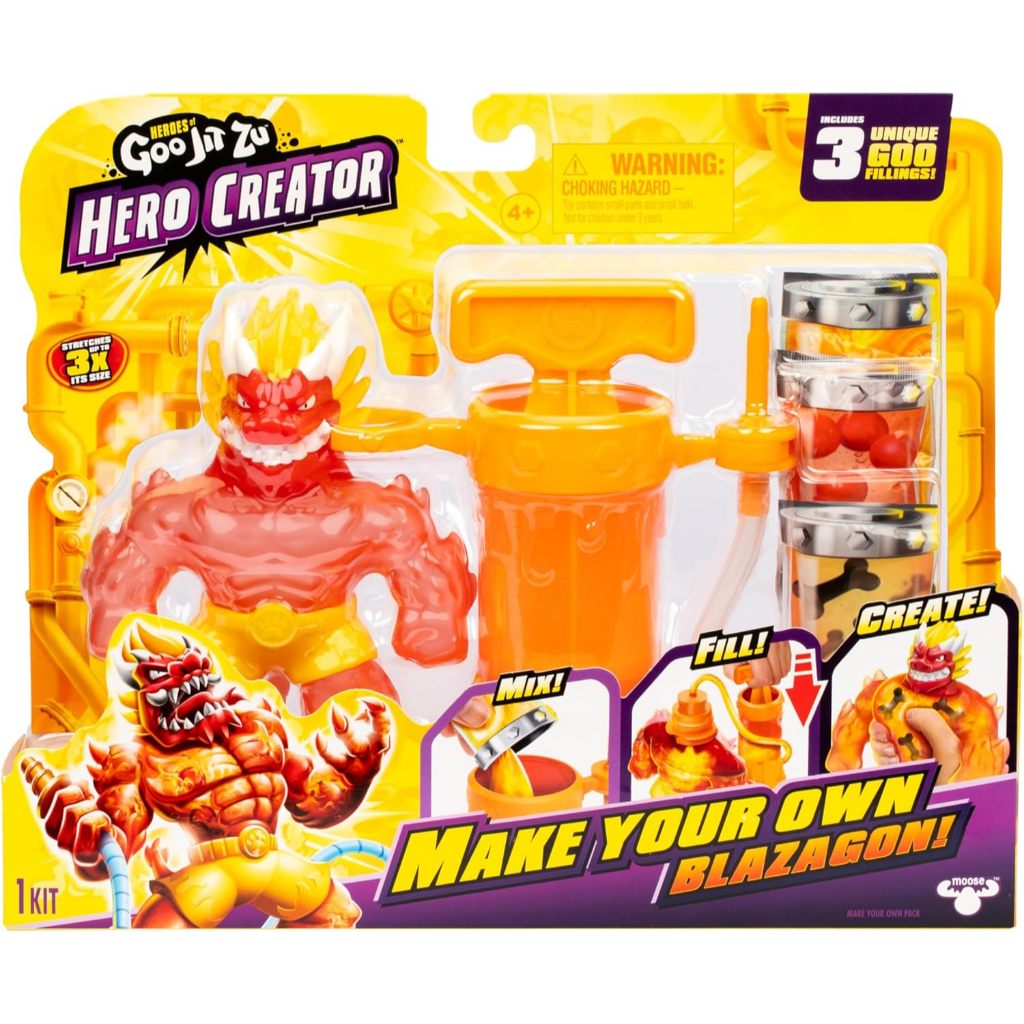 Heroes of Goo Jit Zu Hero Creator Blazagon với 3 chất trám goo độc đáo, Trộn, Đổ đầy & Tạo nhân vật hành động co giãn của riêng bạn