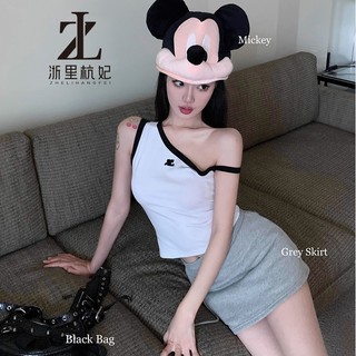 ZHELIHANGFEI Áo dây sát nách lệch vai trễ vai màu đen trơn viền trắng hoạ tiết hình thêu chất thun co giãn