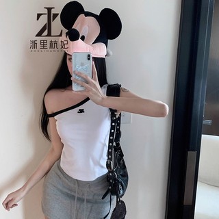 ZHELIHANGFEI Áo dây sát nách lệch vai trễ vai màu đen trơn viền trắng hoạ tiết hình thêu chất thun co giãn