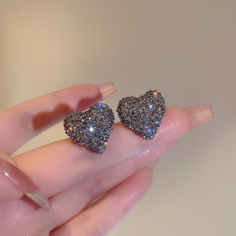 [Jewbeauty] Bộ kim bạc bông tai tình yêu kim cương cao cấp thiết kế đơn giản nữ mùa thu đông