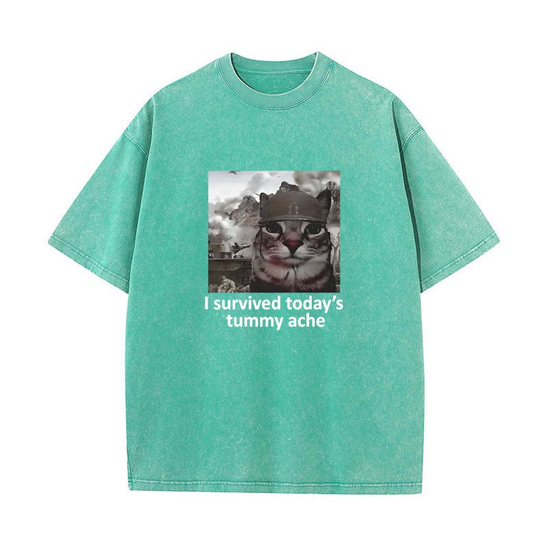 Tôi Sống Còn Hôm Nay Tummy Ache Áo Thun Mèo Vui Meme Tay Ngắn Áo Nam Nữ Cotton Quá Khổ Vintage Giặt Áo Dạo Phố