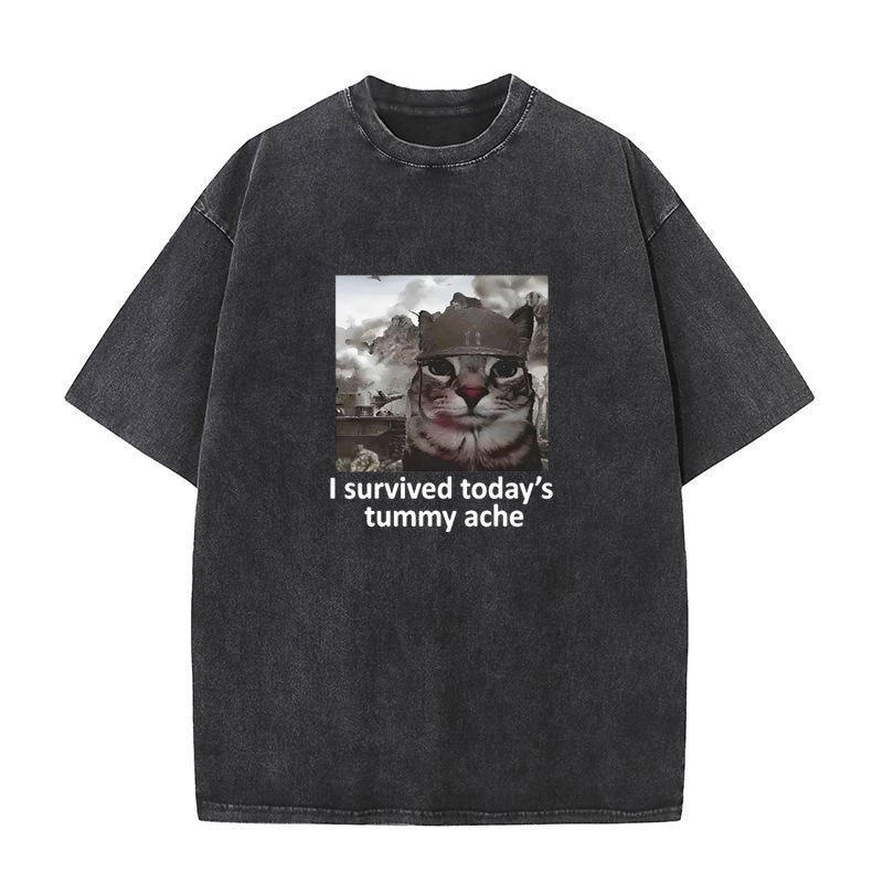Tôi Sống Còn Hôm Nay Tummy Ache Áo Thun Mèo Vui Meme Tay Ngắn Áo Nam Nữ Cotton Quá Khổ Vintage Giặt Áo Dạo Phố