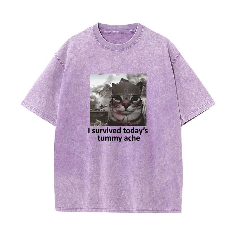 Tôi Sống Còn Hôm Nay Tummy Ache Áo Thun Mèo Vui Meme Tay Ngắn Áo Nam Nữ Cotton Quá Khổ Vintage Giặt Áo Dạo Phố