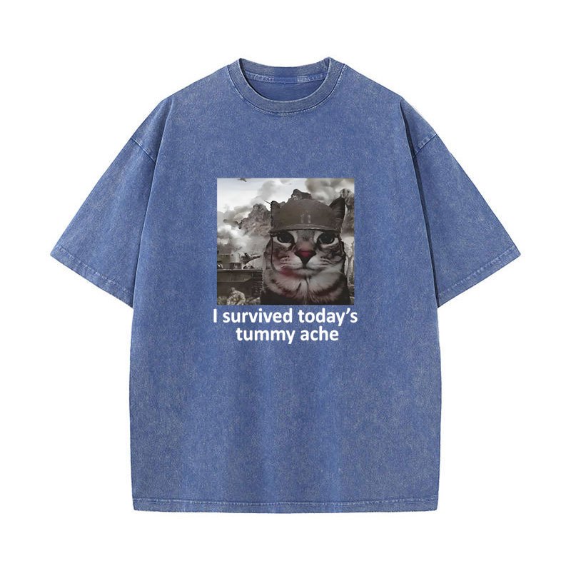 Tôi Sống Còn Hôm Nay Tummy Ache Áo Thun Mèo Vui Meme Tay Ngắn Áo Nam Nữ Cotton Quá Khổ Vintage Giặt Áo Dạo Phố