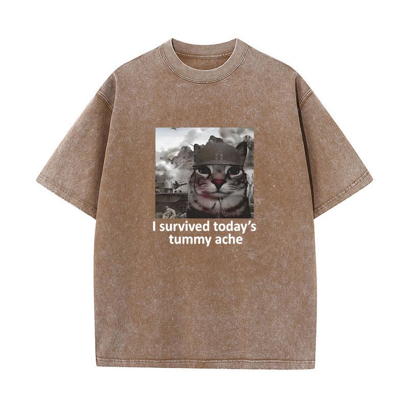 Tôi Sống Còn Hôm Nay Tummy Ache Áo Thun Mèo Vui Meme Tay Ngắn Áo Nam Nữ Cotton Quá Khổ Vintage Giặt Áo Dạo Phố