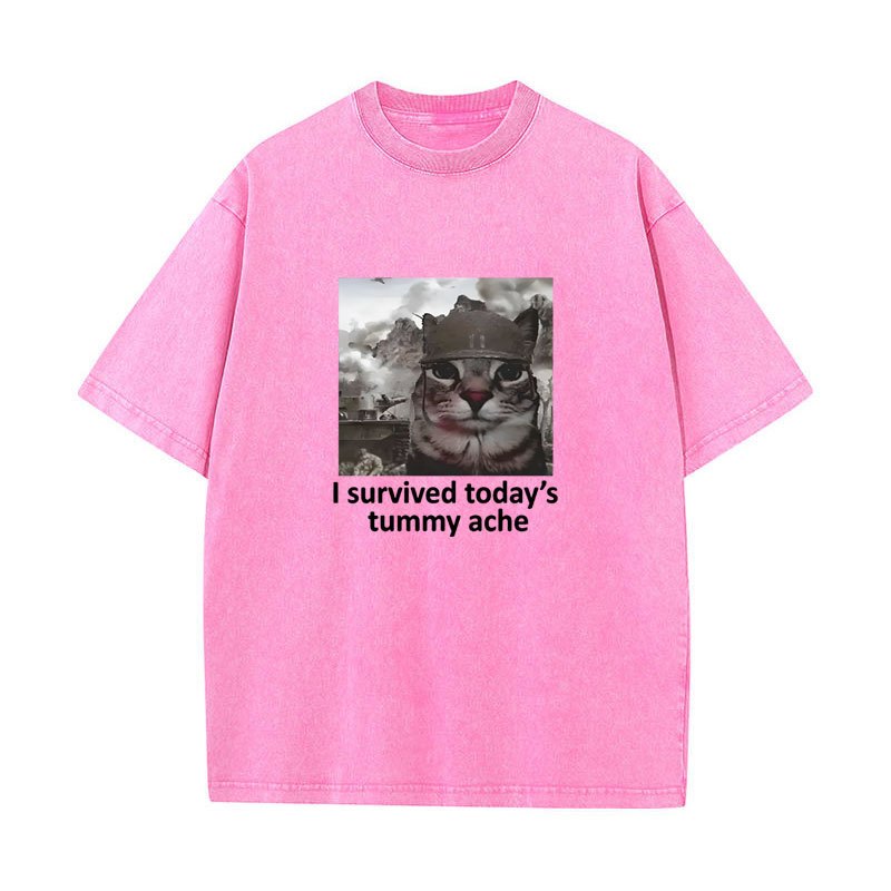 Tôi Sống Còn Hôm Nay Tummy Ache Áo Thun Mèo Vui Meme Tay Ngắn Áo Nam Nữ Cotton Quá Khổ Vintage Giặt Áo Dạo Phố