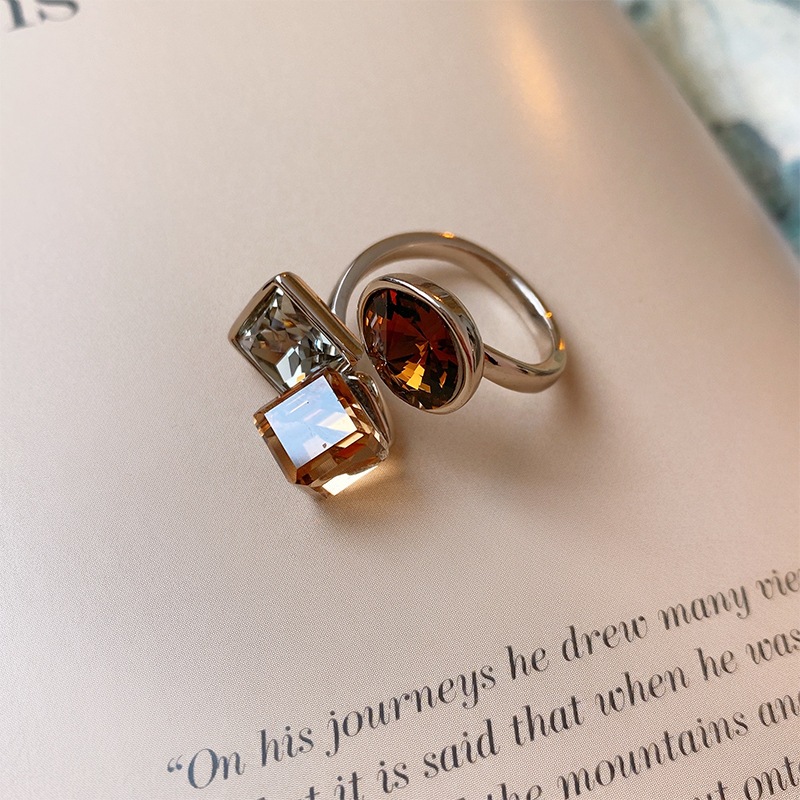 Nhẫn mạ vàng zirconia hình học vuông tròn mở, thiết kế retro vintage, quà tặng sang trọng cho nữ