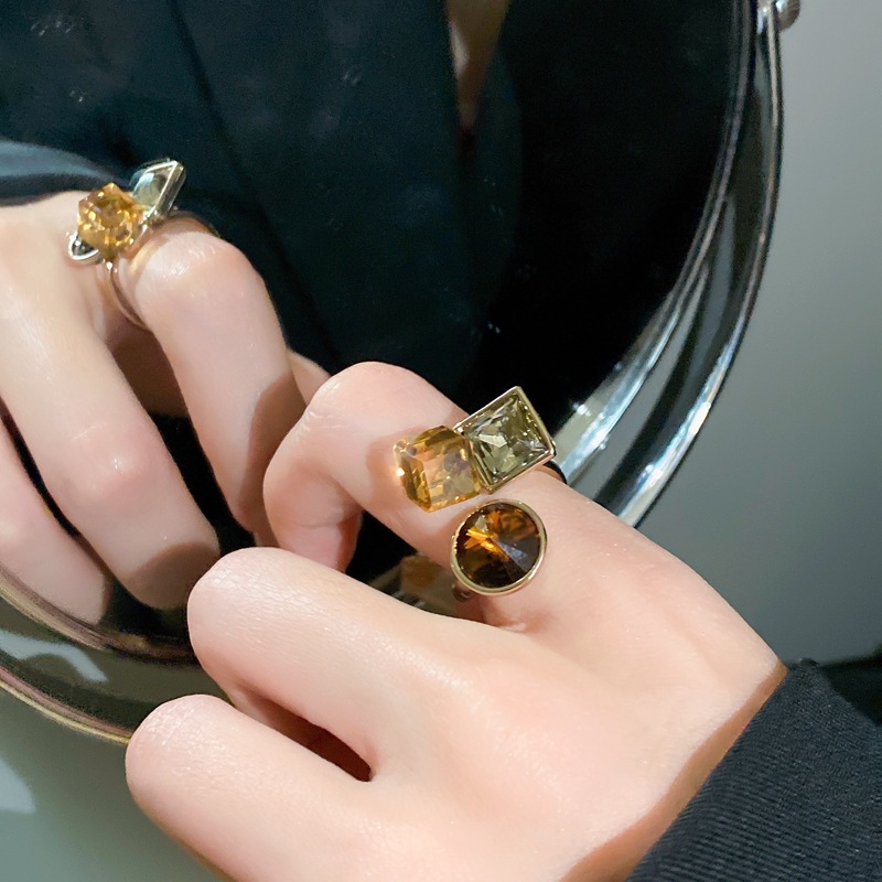 Nhẫn mạ vàng zirconia hình học vuông tròn mở, thiết kế retro vintage, quà tặng sang trọng cho nữ