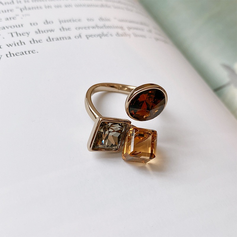 Nhẫn mạ vàng zirconia hình học vuông tròn mở, thiết kế retro vintage, quà tặng sang trọng cho nữ