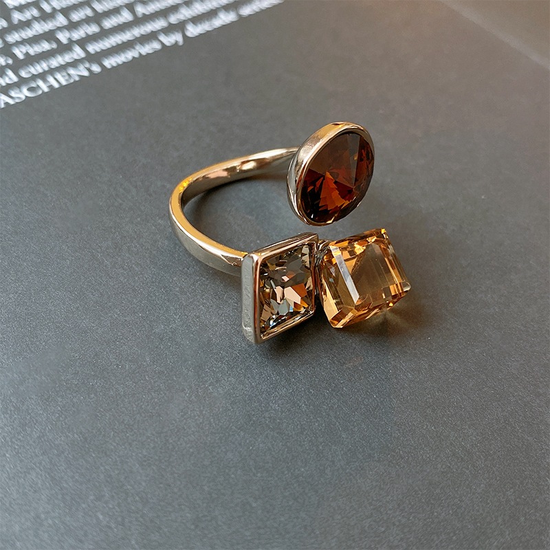 Nhẫn mạ vàng zirconia hình học vuông tròn mở, thiết kế retro vintage, quà tặng sang trọng cho nữ