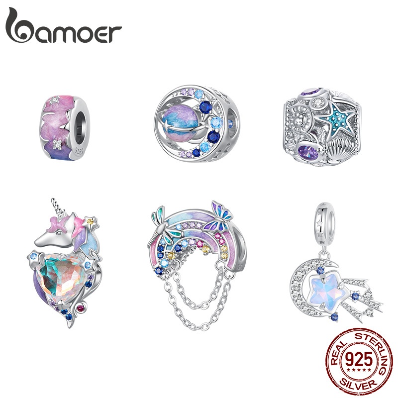 Mặt dây chuyền BAMOER bạc 925 mặt ngôi sao/ngựa đính hạt màu cầu vồng thời trang cho nữ