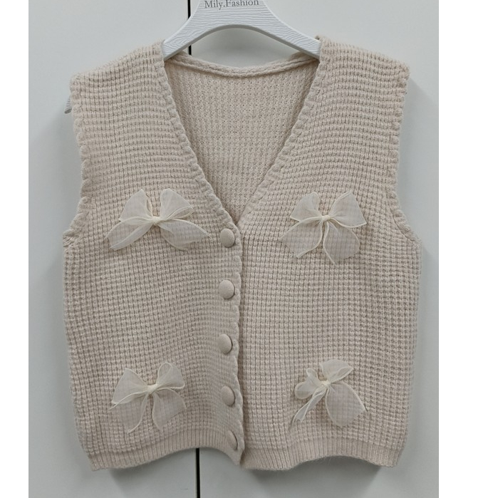 Milyfashion Nơ Nhỏ Cổ Chữ V Áo Vest Không Tay Phong Cách Mới Mỏng Ngắn Dệt Kim Áo Vest