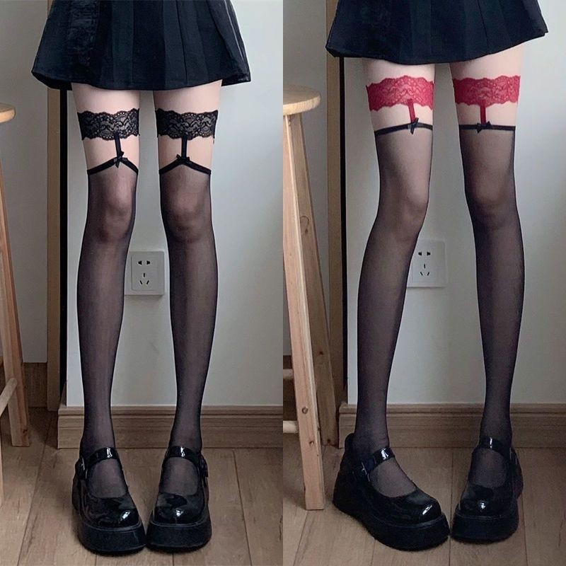 Cửa Hàng Tốt Nhất Ren Nữ Vớ Garter Thắt Lưng Gợi Cảm Mỏng Trên Đầu Gối Silicon Chống Trơn Trượt Miếng Dán Viền Đỏ Đùi Đen Vớ Cao Mới