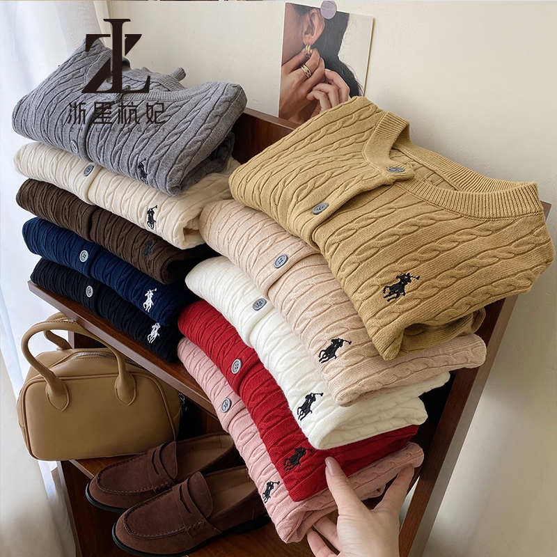 ZHELIHANGFEI Áo len nữ ngựa thêu bột chiên xoắn đan cardigan cổ tròn áo len áo khoác