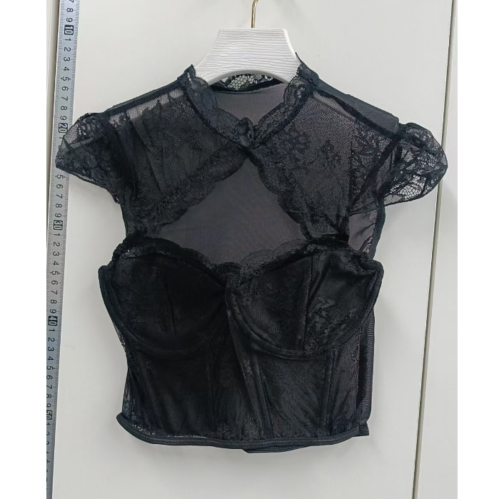 Milyfashion Nữ Sling Rỗng Mỏng Hơn Nhìn Gợi Cảm Xương Cá Nẹp Eo Ren Tay Ngắn Ngắn Top Bé tee