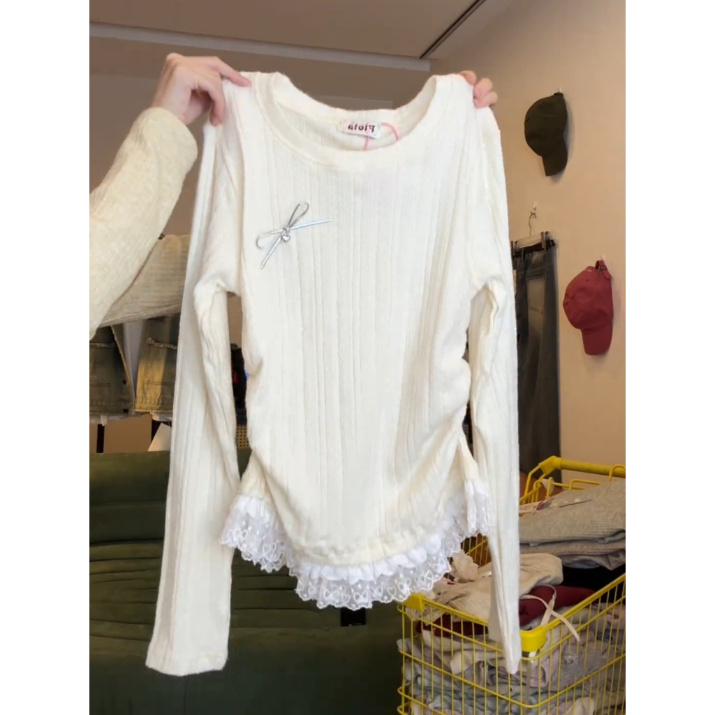 【Hàng giao ngay】Phiên bản Hàn Quốc Thu Đông Nữ Slim-fit Ren Nơ Khâu Mai Dài Tay T @ -
