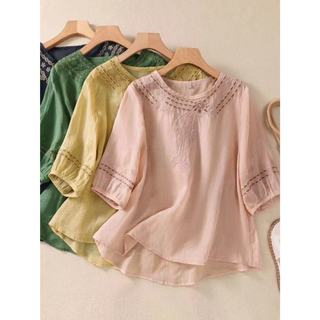 Phong Cách Trung Hoa Nữ Mới Retro Thêu Áo Sơ Mi Mùa Hè Nửa Tay Cotton Linen Áo Plus Kích Thước