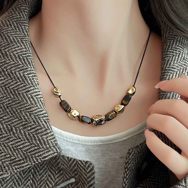 [Jewbeauty] Vòng cổ đá mắt hổ nhân tạo không đều thời trang chuỗi xương đòn cổ điển mới phù hợp cho nữ