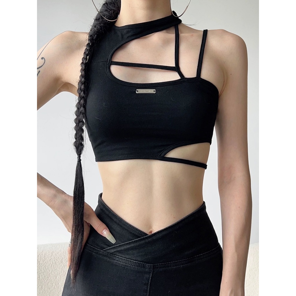 Áo thun crop top nữ màu đen rỗng không tay ôm sát Y2K mới