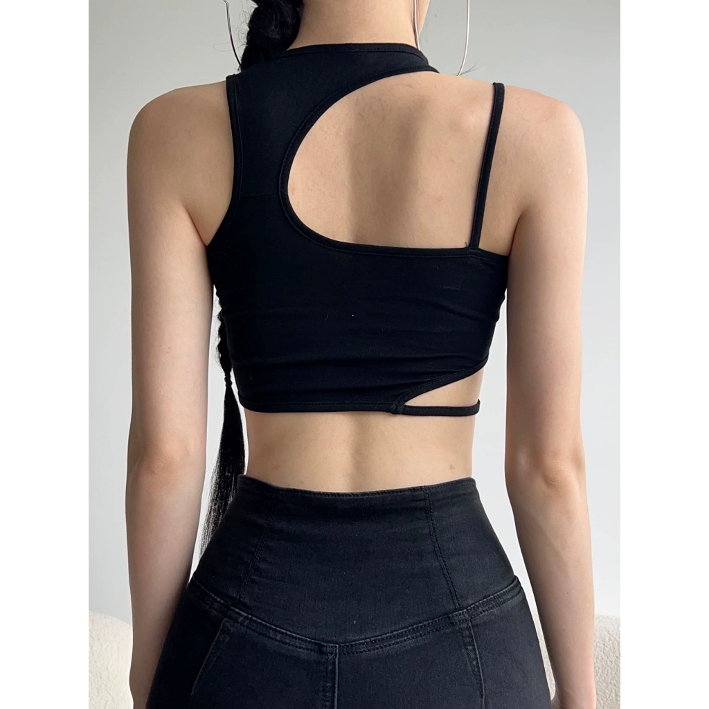 Áo thun crop top nữ màu đen rỗng không tay ôm sát Y2K mới