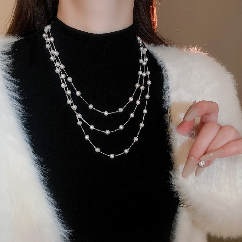 [Jewbeauty] Vòng cổ ngọc trai nhiều lớp dây chuyền áo len thanh lịch thời trang Pháp có cổ nhẹ sang trọng và cao cấp