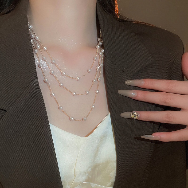 [Jewbeauty] Vòng cổ ngọc trai nhiều lớp dây chuyền áo len thanh lịch thời trang Pháp có cổ nhẹ sang trọng và cao cấp