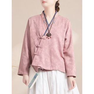 Phong Cách Trung Hoa Sườn Xám Khóa Người Phụ Nữ Vải Lanh Cotton Thêu Áo Sơ Mi Tay Dài Mới