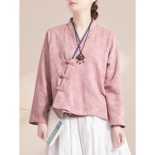 Phong Cách Trung Hoa Sườn Xám Khóa Người Phụ Nữ Vải Lanh Cotton Thêu Áo Sơ Mi Tay Dài Mới