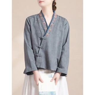 Phong Cách Trung Hoa Sườn Xám Khóa Người Phụ Nữ Vải Lanh Cotton Thêu Áo Sơ Mi Tay Dài Mới