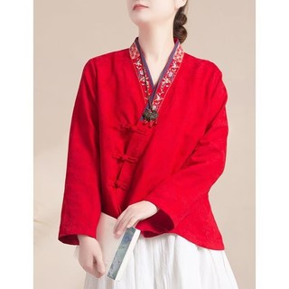 Phong Cách Trung Hoa Sườn Xám Khóa Người Phụ Nữ Vải Lanh Cotton Thêu Áo Sơ Mi Tay Dài Mới