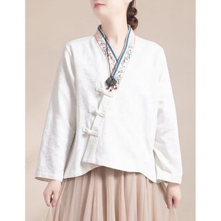 Phong Cách Trung Hoa Sườn Xám Khóa Người Phụ Nữ Vải Lanh Cotton Thêu Áo Sơ Mi Tay Dài Mới