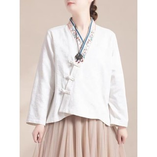Phong Cách Trung Hoa Sườn Xám Khóa Người Phụ Nữ Vải Lanh Cotton Thêu Áo Sơ Mi Tay Dài Mới