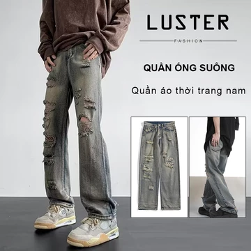 Luster Cao cấp quần rách Quần jean nam màu xanh quần jean nam rách gối jean ống suông quần baggy nam Áp dụng cho cả nam và nữ hiphop style