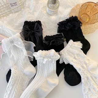 TheMall Tất vớ cao cổ nữ phối ren đính nơ  cotton co giãn thoáng khí phong cách nữ sinh lolita