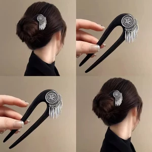 Kẹp tóc gỗ đàn hương, hoa nhỏ tua rua, phụ kiện tóc cổ điển
