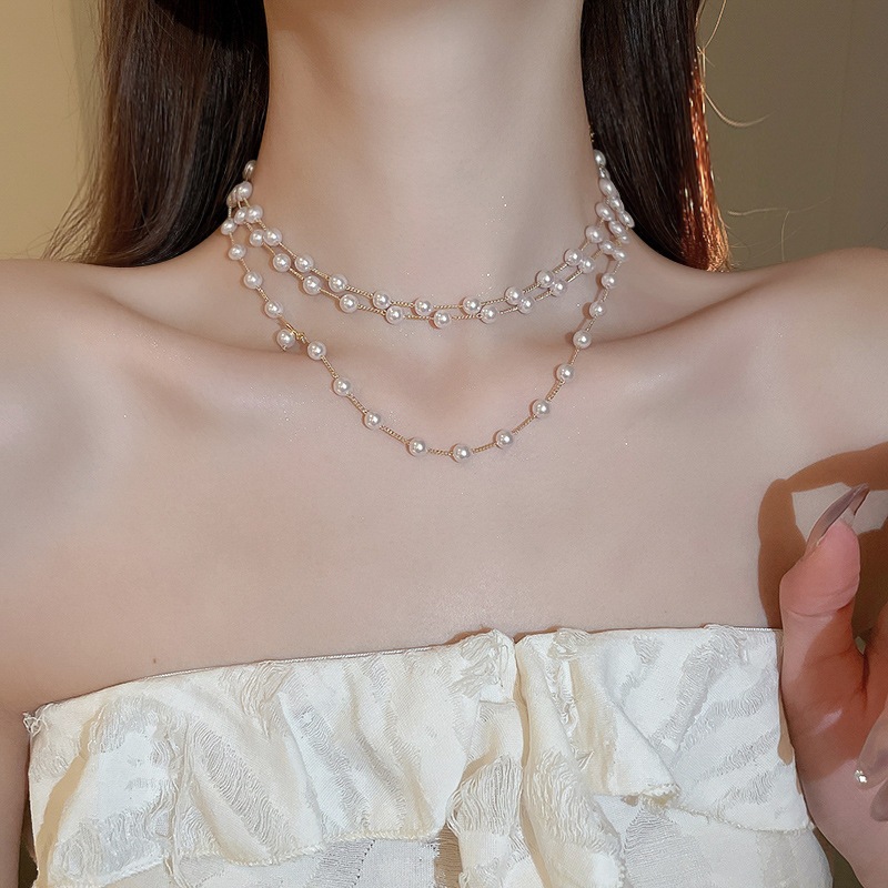 Vòng cổ ngọc trai cổ điển thanh lịch, đa tầng phù hợp mùa đông, cao cấp dành cho nữ