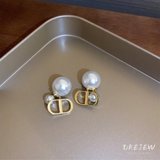 DREJEW Khuyên tai bạc 925 đính ngọc trai chữ D đôi phong cách Pháp sang trọng đơn giản thời trang cao cấp