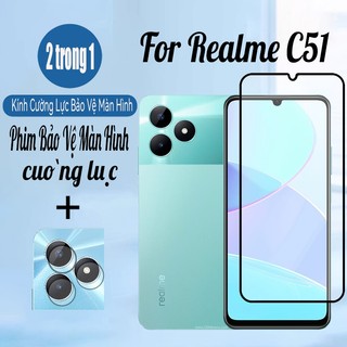 Kính cường lực bảo vệ màn hình Realme C51 4G 2 trong 1 cho Realme Note 50 C63 C51 C67 C65 C55 C53 C35 C33 C30 C30 4G Phim bảo vệ màn hình & Phim ống kính máy ảnh