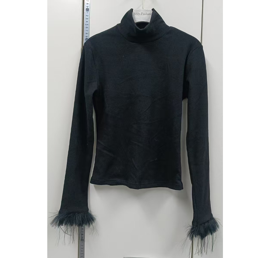 Áo dài tay kiểu Tây lót trong cổ cao lông màu đen phối ghép thu đông mẫu mới Milyfashion áo ôm dáng tôn dáng