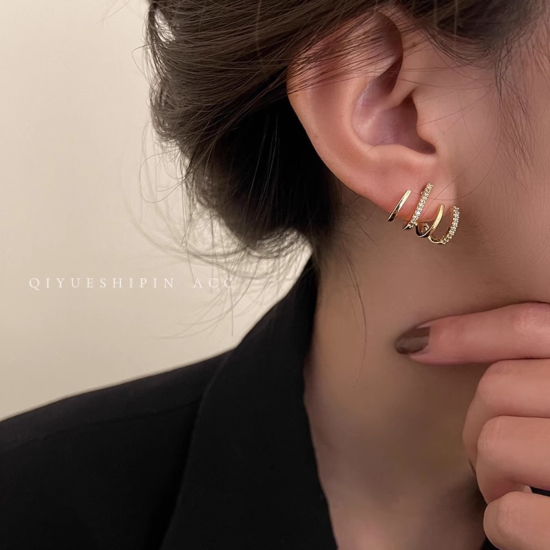Bông tai hình học Zircon Bông tai kim loại đơn giản Hàn Quốc bông tai cao cấp khí chất