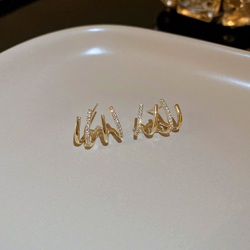 Bông tai hình học Zircon Bông tai kim loại đơn giản Hàn Quốc bông tai cao cấp khí chất